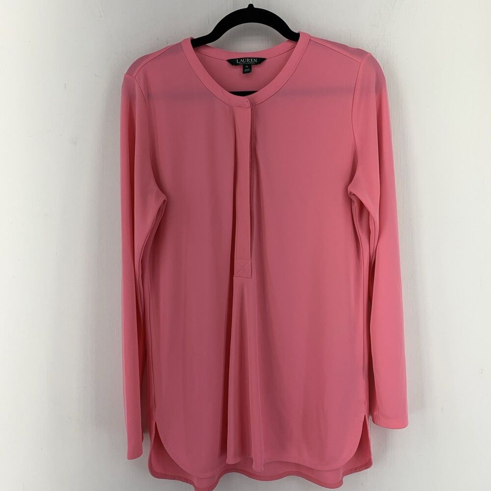 Vtg Lauren Ralph Lauren Womens LP Tunic Top Henley Barbie Pink Slinky‎ Feminine